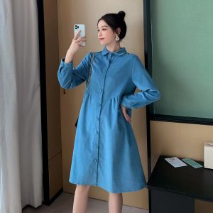 Jurken Spring Longsleeveved Maternity Dress Comfortabel Lange mouw Turndown kraag met één veer zwangere vrouw Katoenen jurk formeel