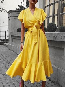 Robes Spring Summer Femme's New Vintage Vintage Color Vneck manches courtes à manches hautes à taille moyenne mi-longueur