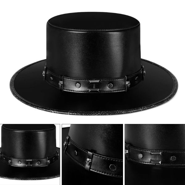 Robes steampunk plaqueur docteur chapeau pu cuir en cuir noir haut plateau plat pour halloween cosplay costume accessoires habillées de fête 87h