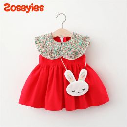 Jurken zomer babymeisjes jurk nieuwe bloemen poppen kraag splitsing mouwloze dagelijkse jurk met konijnentas