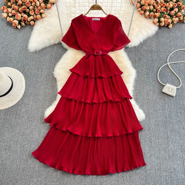 Robes Summer Beach Long Robe Femme Elegant Vneck Sleeve Short Cascading Ruffles Big Swing Vestidos Femme Rouge / Green / Rose Maxi Robe