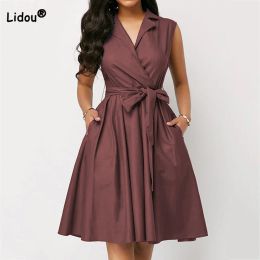 Jurken zomerkleding voor vrouwen Poloneck massief veters rok mode splitsing zakken mouwloze hoge taille plus size midi jurk