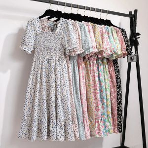 Dresses Summer Dresses For Women 2023 Short Puff Sleeve Floral Print Dress Back Smocked Square Neck Gathered Elegant Vintage Midi Dress