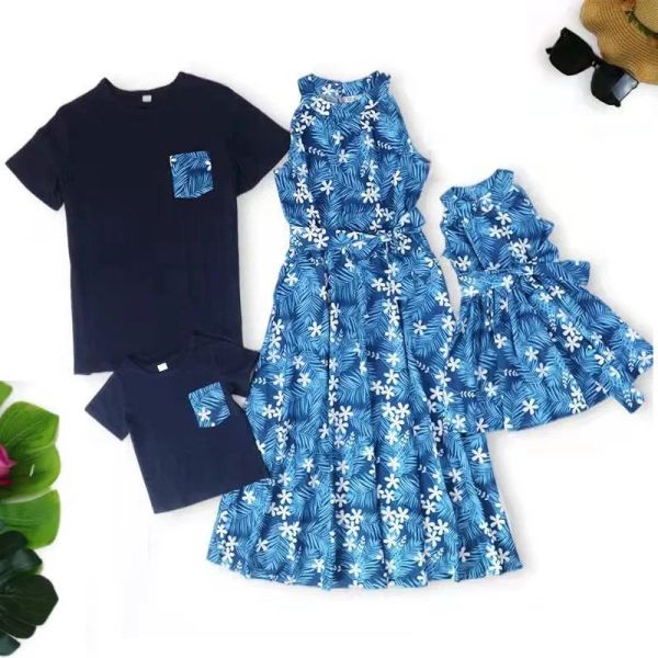 Robes D'été Famille Assorties Tenues Fleur Mère Fille Robes À Manches Courtes Père Fils T-shirts Sans Manches Maman et Moi Vêtements