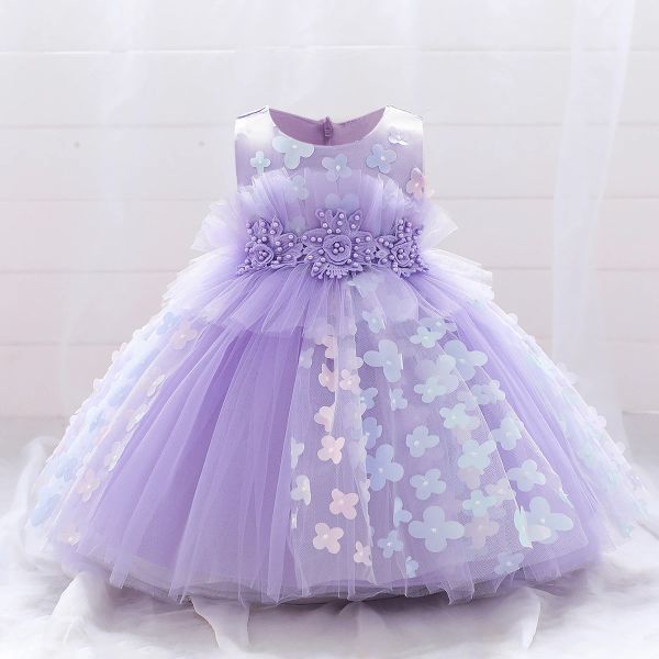 Robes d'été fleur blanc mariage bébé filles robes enfant en bas âge nouveau-né baptême 1er anniversaire arc dentelle princesse robe fête enfant vêtements