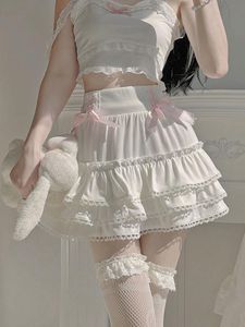 Jurken Zomer Japanse Witte Lolita Leuke Rok Vrouwen Kant Boog Koreaanse Kawaii Zoete Rok Hoge Taille Elegante Prinses Fee Rokken 2023