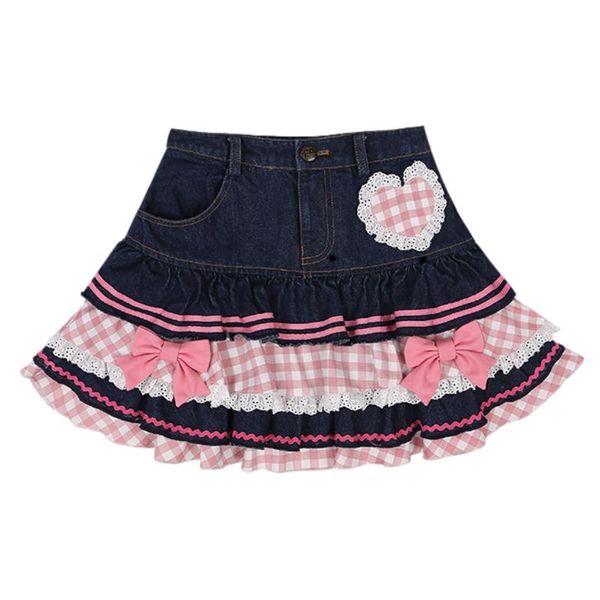 Robes Été Kawaii Denim Jupe Femmes Bleu Mini Sweet Lolita Dentelle Coeur Bow Plaid Puffy Jeans 2023 Mignon Mode Flare Tutu Jupe Courte