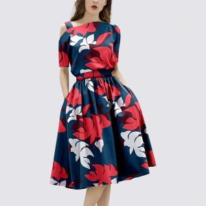 Vestidos Verano Nuevo conjunto de dos piezas Mujeres Lindo Recorte Hombro Slash Cuello Flor Impreso Tops + Cintura elástica Floral Una línea Faldas Trajes