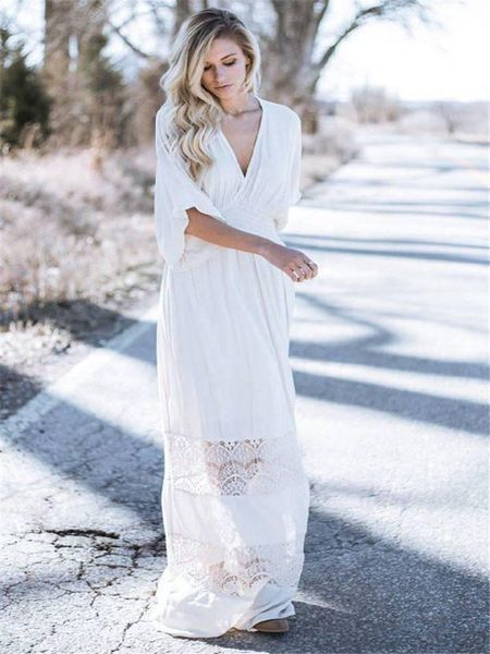 Vestidos Vestido largo liso de verano, vestidos bohemios para mujer, vestido sexi de algodón blanco con cuello en V profundo y media manga para vacaciones en la playa, vestido veraniego para mujer