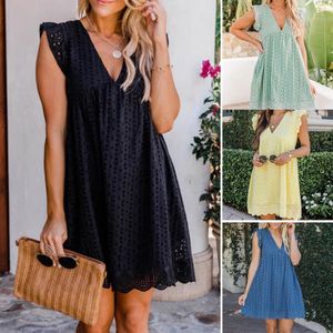 Robes Été Vneck Coton Casual Jupe Courte Couleur Unie Mini Robe California Romper pour 2022 Dame Jupe Plissée Femmes Robe Courte