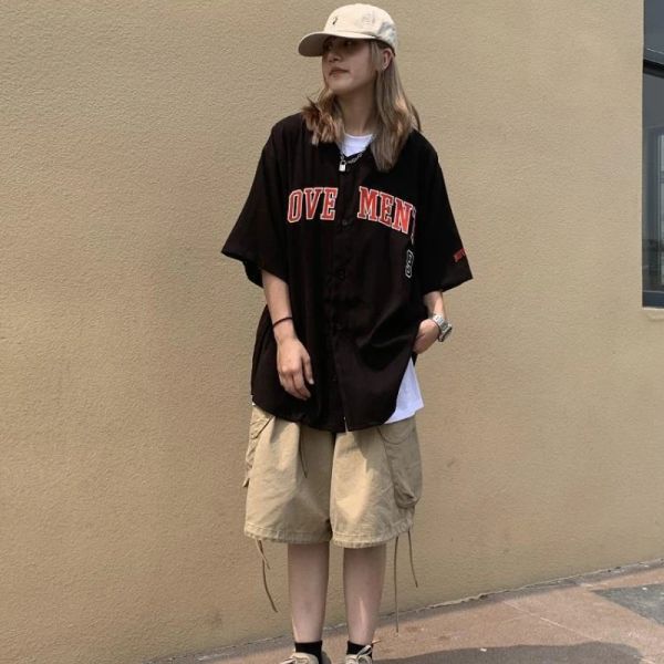 Robes Summer femme chemise surdimensionnée Black Baseball Shirt Hip Hop Vintage 2021 Half Short Manche Hippie Blouse Women Men Men Korean Style