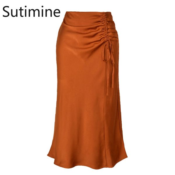 Vestidos Sutimine Faldas de verano para mujer Faldas elegantes fruncidas de oficina para mujer Faldas de satén para mujer Falda ajustada hasta la mitad de la pantorrilla Falda con brotes en color naranja y negro