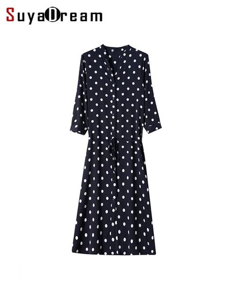 Robes Suyadream Femmes Long Robe 22 Mommy 92% Silk 8% Dots Spandex Sabilles de chemise imprimées Robes 2022 Vêtements de marine printemps d'été