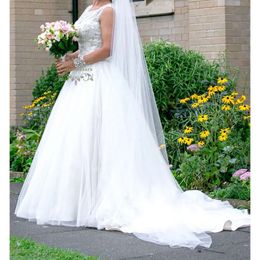Jurken Sweep Line Train een tule kralen schep schep nek mouwloze tuin landelijke bruiloft jurk bruidsjurk plus maat