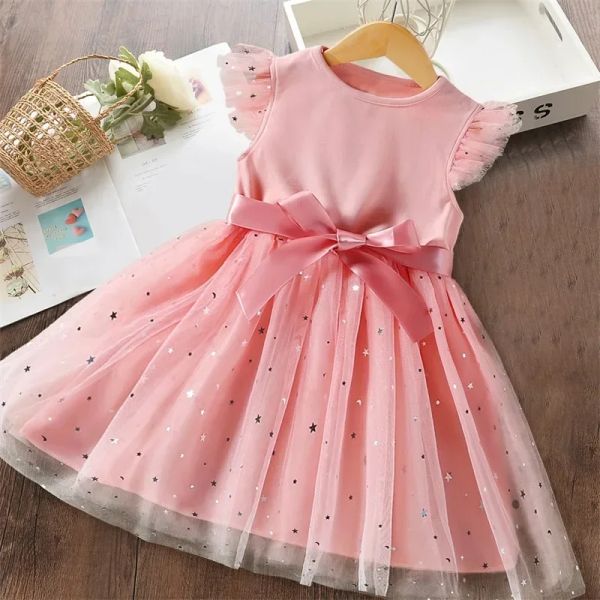 Robes douces filles Summer Flying Sleeve Bow Sequin Robe 26y Kids Birthday Party Pink Fluffy Aline Princess Robe pour mignon bébé fille