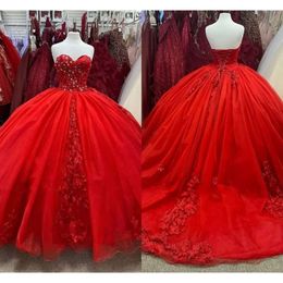 Jurken lieverd halslijn rode quinceanera tule 3d bloemen applique bloemen veter sweep trein zoet 16 verjaardag optocht baljurk vestidos