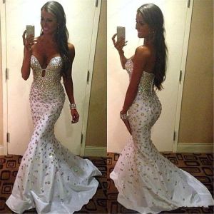 Jurken lieverd mouwloze prachtige zipper kristallen zeemeermin vegen trein prom jurk taffeta kleurrijke bling bling avondjurk vestidos