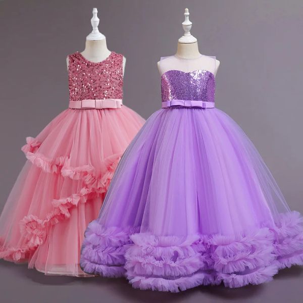 Robes Adolescent Filles Piano Performance Bébé Filles Robe De Fête D'anniversaire Paillettes Robes Élégantes Noeud Costume De Soirée Robes 4 à 12 ans