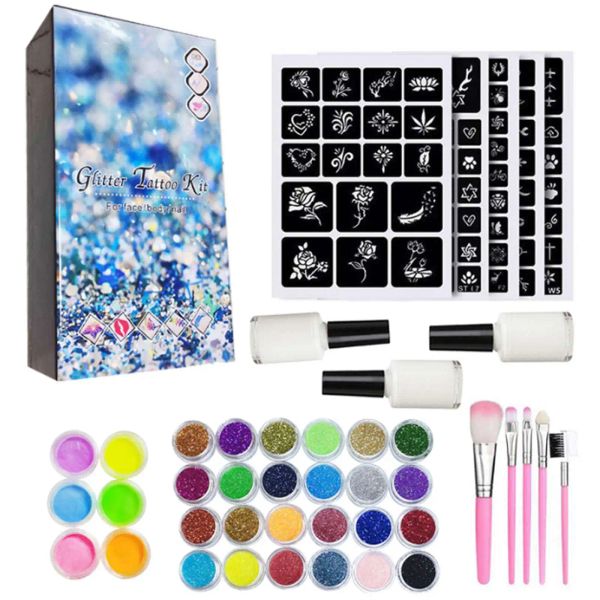 Kit de tatouages temporaires à paillettes pour enfants, 200 pochoirs, 24 couleurs de paillettes, 5 pinceaux, 3 colles corporelles, tatouages colorés scintillants pour filles T