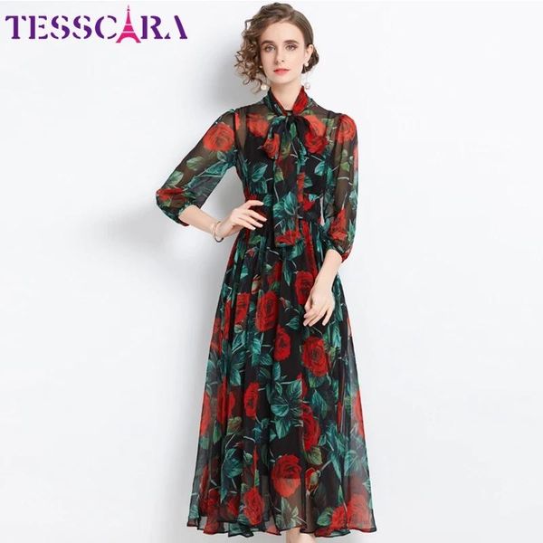 Robes Tesscara femmes automne élégant Robe en mousseline de soie Festa haute qualité longue queue Robe de soirée Femme Vintage concepteur robes florales
