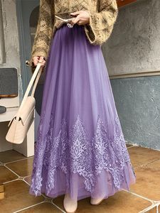 Robes TIGENA 3 couches Patchwork dentelle Tulle Maxi jupe femmes 2023 nouveau élégant solide violet une ligne taille haute longue maille jupe femme