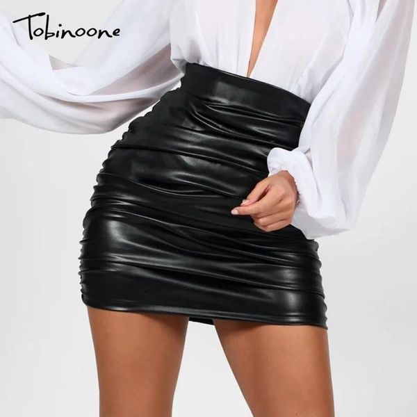 Robes Tobinoone Pu taille haute serré décontracté jupe sexy pour les femmes de sexe mince Ol bureau vêtements gothiques solide noir froncé mini jupes