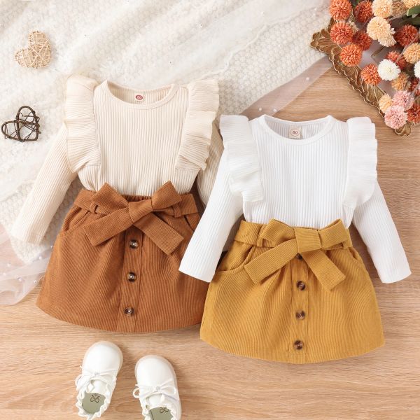 Vestidos para niños pequeños, niñas, Otoño Invierno, faldas, traje para niños, manga larga, volantes, jerseys acanalados, falda con botones sólidos, conjunto de ropa