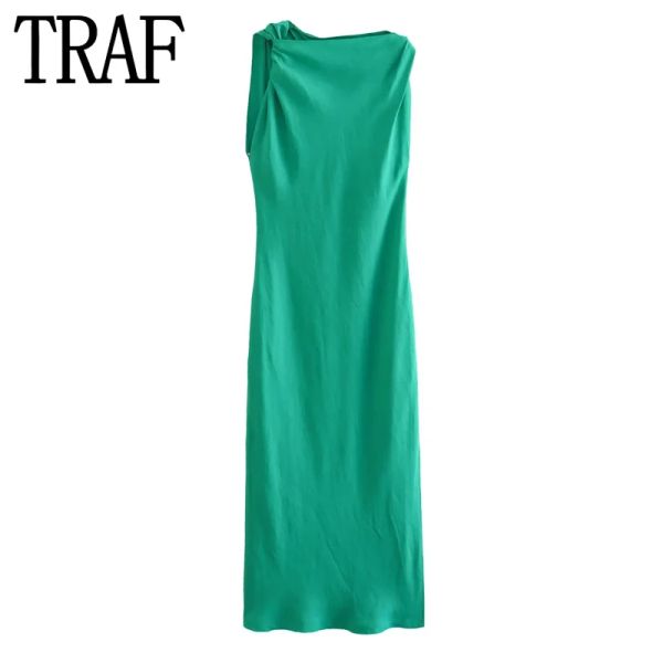 Vestidos Traf 2023, vestido largo verde para mujer, vestido sin mangas de verano para mujer, vestidos elegantes fruncidos para fiesta para mujer, vestidos de noche por debajo de la rodilla