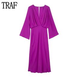 Vestidos Traf Vestidos largos morados para mujer Vestido de satén plisado Vestido de noche de manga larga Mujer Primavera Verano Nuevo vestido maxi femenino