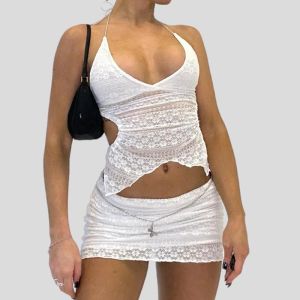 Vestidos Conjunto de dos piezas Mujer elegante Cuello en V Camis con cuello halter Tops Envoltura en el pecho sexy Sin espalda Atar Vendaje Crop Tops + Mini falda lápiz Blanco