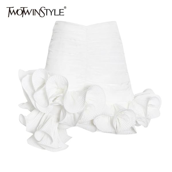 Vestidos Twotwinstyle Faldas de dobladillo asimétrico blanco para mujer Cintura alta Sólido Frill Mock Mini Falda Mujer 2022 Ropa de moda de verano