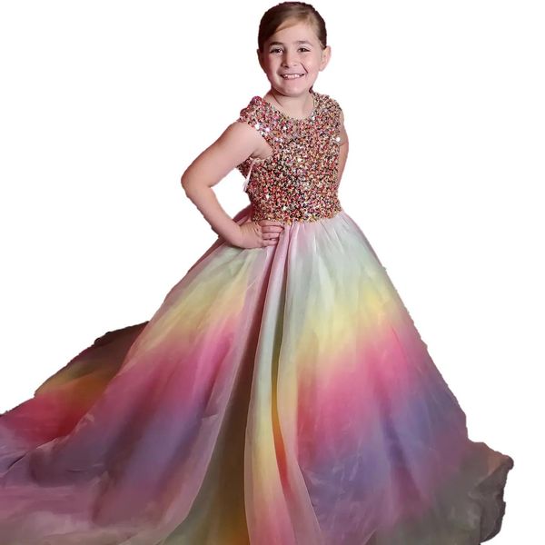 Vestidos Unicornio Organza Vestido de desfile de niña 2023 Ballgown Multicolor Little Miss Kid Cumpleaños Evento formal Fiesta Vestido de baile Tren de barrido Je