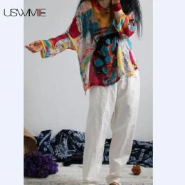 Robes USWMIE 2017 Summer Vintage Art Ventilate Thin Cool Vneck Loose Femmes Tops Long Manche Print Bandhnu Comfort Plus Taille Pullover