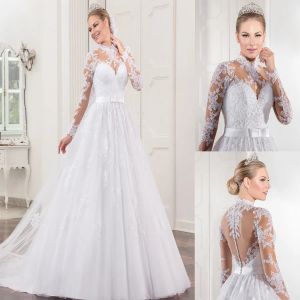 Jurken Vestido de Noiva High Neck Lace lange mouwen lange mouwen trouwjurk appliques bruidsjurken sexy rug satijnen riem brautkleid 2019