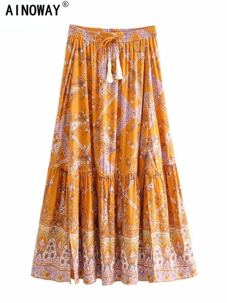 Vestidos Vintage Chic Hippie mujer naranja estampado Floral playa falda bohemia alta cintura elástica plisada Boho rayón Maxi faldas Mujer