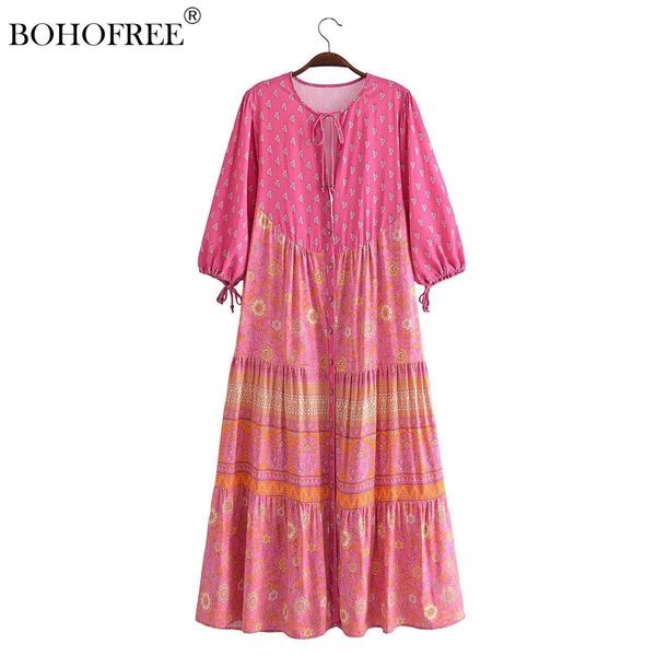 Robes Vintage Chic Longue Tunique Robes Col en V Demi Manches Animal Rayonne Coton Robe Bohème Mujer Style Ethnique Plage Maxi Hippie Robe