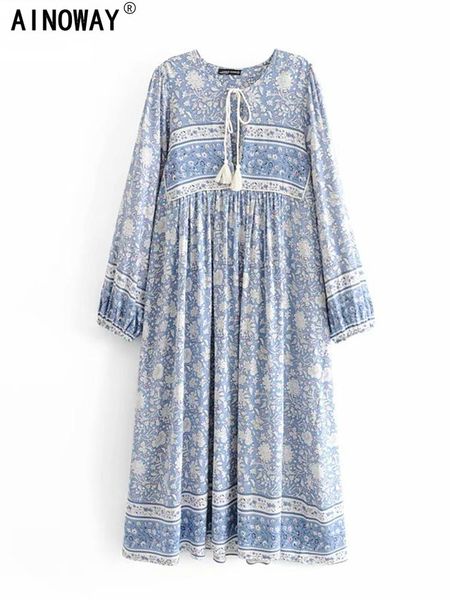 Robes Vintage Chic Femmes Tie Neck Coule Longue Porcelaine Floral Peau Bohemian Maxi Robes Dames Rayon Coton Boho Robe Robe