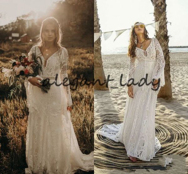 Robes Vintage Crochet en dentelle Robes de mariée avec manches longues 2023 Vneck Sirène hippie Country Western Cowgirl Bohemian Bride Bride