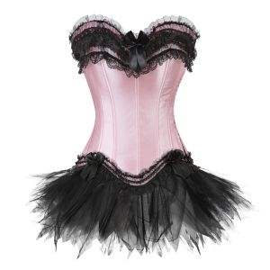 Vestidos Vestido de corsé de encaje vintage Mujeres Sexy Corsé de satén Top Burlesque Bustier Mini falda de tutú Clubwear Traje de fiesta Traje Tallas grandes