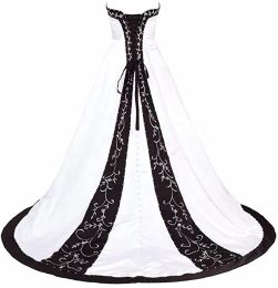 Robes vintage blanc et noir a ligne robes de mariée broderie longues robes de mariée satin chérie robe de mariée gothique personnalisée