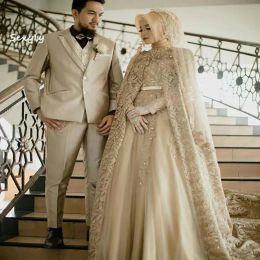 Jurken Trouwjurk Overige Jurken Luxe Kaftan Moslim Met Cape Elegant Kant Lange mouwen Dubai Bruidsjurken 2023 Boheems Landelijk Jurkje