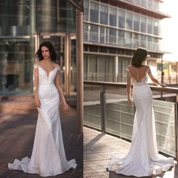 Robes mariage élégant sirène transparente brillante robe de robe à manches longues collier joail plafonné robe de cour sans arrière
