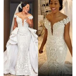 Robes mariage magnifique robe de sirène nuptiale avec un train dentelle détachable en dentelle perle perd du cou de la plage de plage sur mesure plus vestide de taille