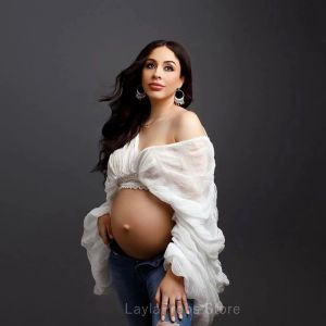 Vestidos de gasa blanca para sesión de fotos de maternidad, vestidos cortos con mangas acampanadas, transparentes, para fotografía de embarazo, vestidos voladores