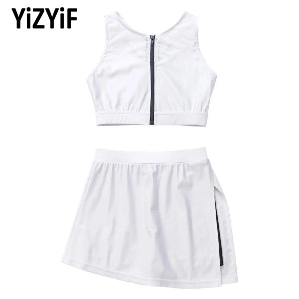 Vestidos Blancos Niños Niñas Faldas de tenis Conjuntos Bádminton Golf Trajes deportivos Malla Cremallera frontal Chaleco Top Faldas divididas Conjunto Traje de baile Disfraces