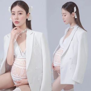 Jurken White Lace Fancy Maternity Bodysuit+Coat Hotography zwangerschap Shoot jurken kleding zwangere vrouwen sexy maxi jurk foto props