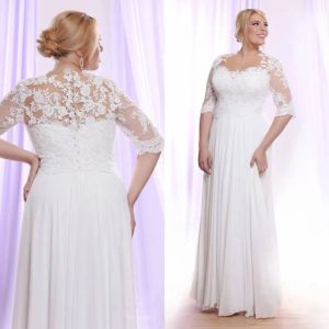 Vestidos de encaje blanco Vestidos de novia de talla grande con mangas Sheer Bateau Neck Aline Bohemian Wedding Dress Longitud de piso Beach Brida