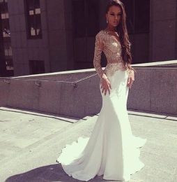 Jurken White Mermaid Prom Dresses lange mouwen Zie door vloerlengte prom feestjurk Vestido de festa longo