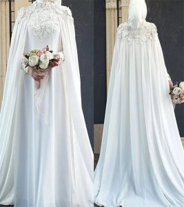 Jurken Witte moslim trouwjurk 2023 Islamitische elegante kap -kap -kap -kap Kasteel Brutale jurken Lange mouw Chiffon Dubai Arabisch bruid vest
