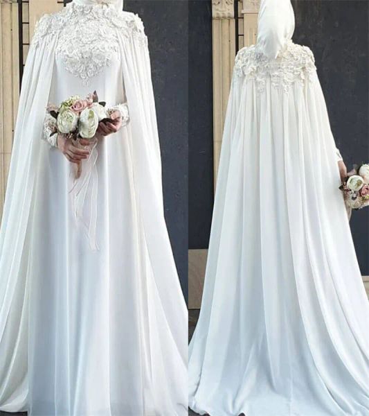 Robes Robe de mariée musulmane blanche 2023 Islamic Elegant Caped Florals Lace Castle Bridal Robes